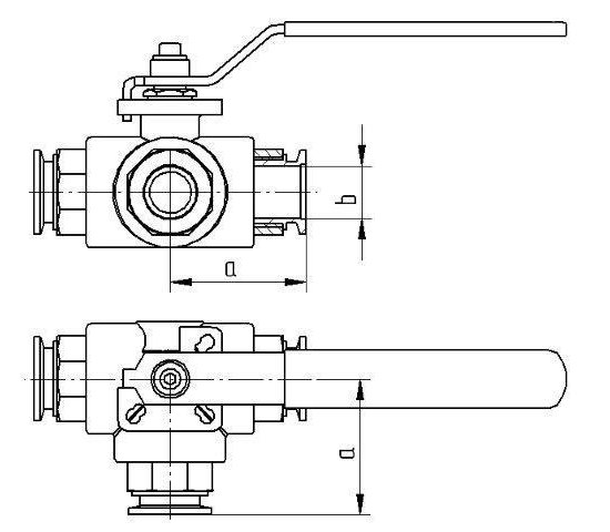 Bild 2 - Three-way ball valve small flange 25 stainless steel manually operated a=65 / b=24