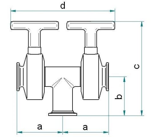Bild 2 - Three-way butterfly valve SST 316L DN 25/25/25 a=65 / b=55 / c=134 / d=150