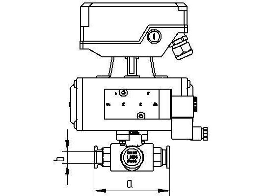 Bild 2 - Three-way ball valve stainless steel DN 40 pneumatic actuator with position transducer with control valve a=81 / b=40