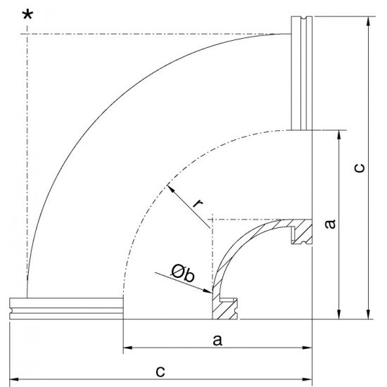 Bild 2 - ISO-K-pipe elbow aluminium DN 100 a=108 / b=103 / c=173 / r=100,5