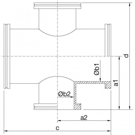Bild 2 - ISO-K-reducer cross stainless steel DN 100/63 a1=107 / b1=102 / a2=108 / b2=70 / c=216 / d=214