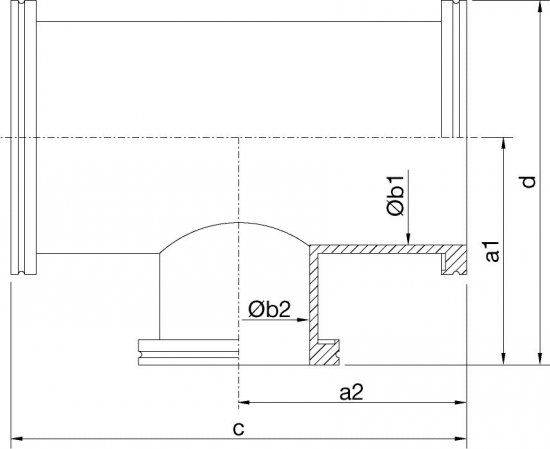 Bild 2 - ISO-K-reducer-T-piece DN 200/100 a1=161 / b1=213 / a2=178 / b2=102 / c=356 / d=281