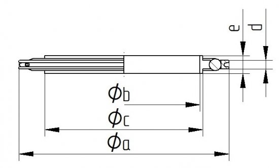 Bild 2 - ISO-centering ring aluminium/Viton with outer ring DN 630 a=691 / b=646 / c=651 / d=5,6 / e=14