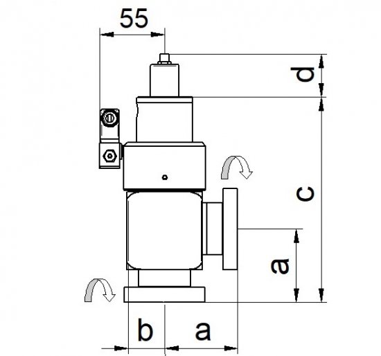 Bild 1 - CF-angle valve open electro-pneumatic stainless steel 2 flanges turnable with single position transducer with control valve DN 16 a=40 / c=172 / d=58