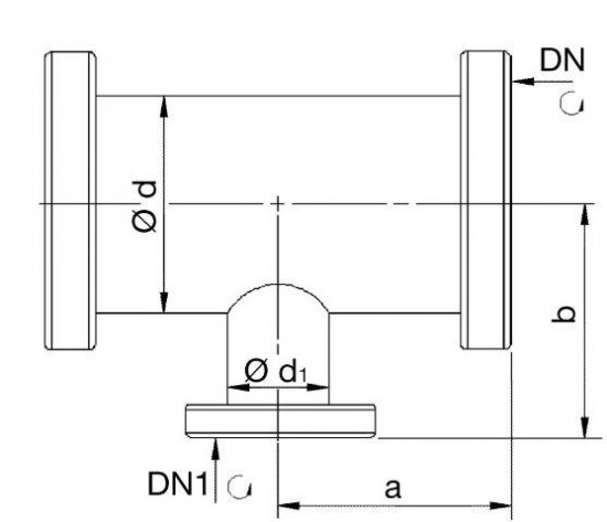 Bild 2 - CF-reducing T-piece, 2 flanges turnable DN 160/63 a=167 / b=120 / d=154 / d1=70