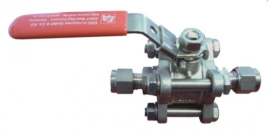 Bild 1 - Spherical valve stainless steel with. Adapt. F. double compr. Tube fit (Swagelok-Adapt. Comp.) DN 8 a=84 / b=8-10