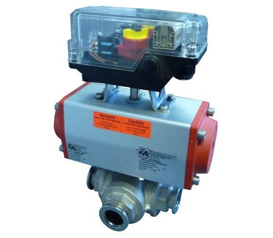 Bild 1 - Three-way ball valve stainless steel DN 40 pneumatic actuator with position transducer with control valve a=81 / b=40